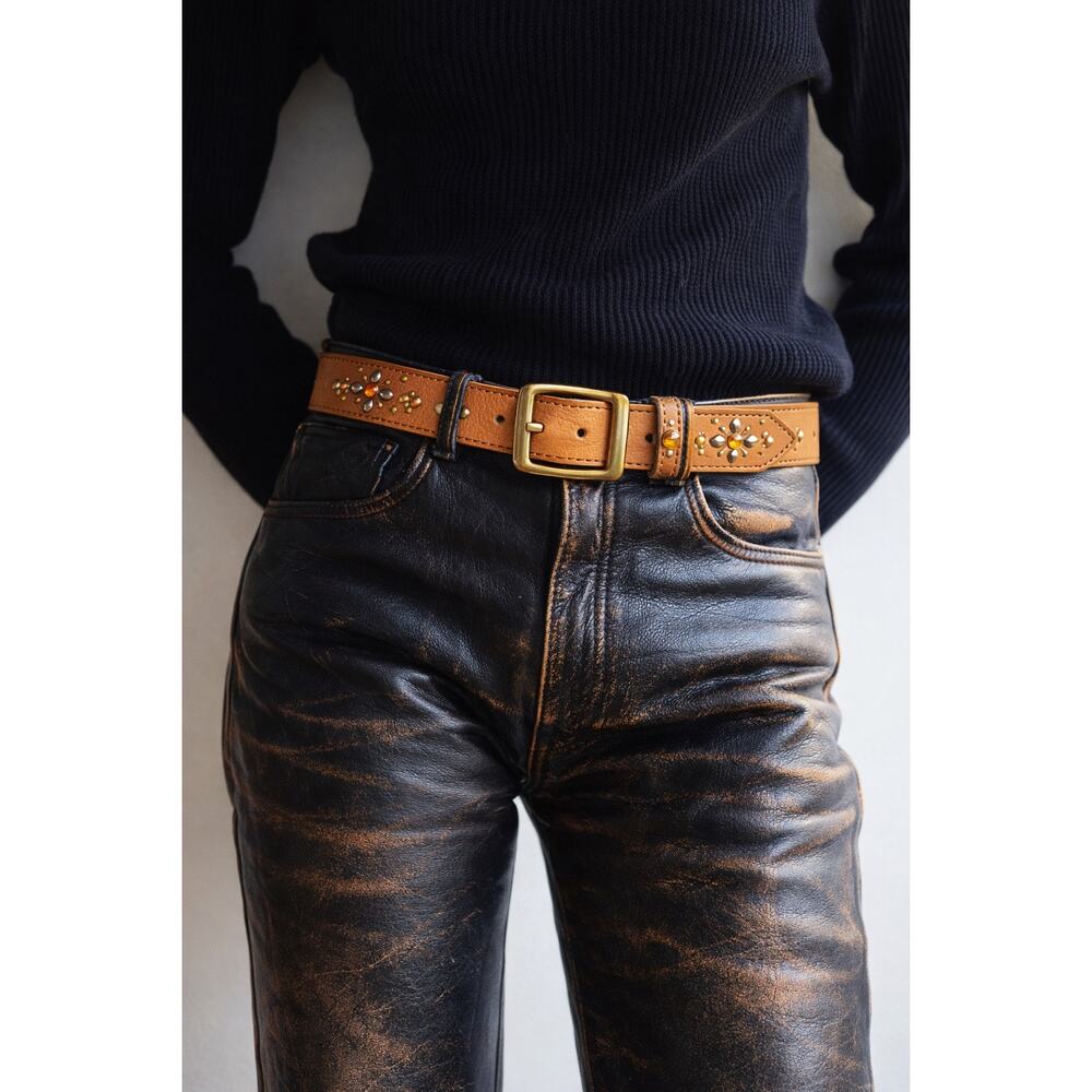 Rolf’s Tan Leather Studded Belt w Amber Rhinestone Tip | Brass Buckle Artisan